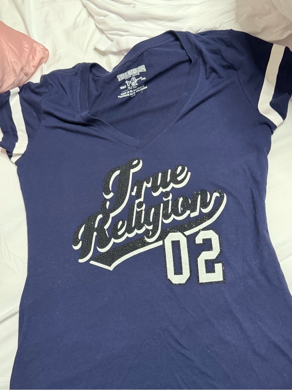 True Religion Navy V-Neck Graphic Tee with White Accents